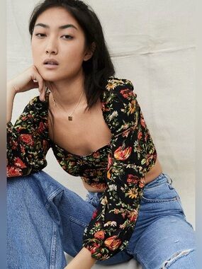 Urban Outfitters Bambi Ruched Floral Black Multicolor Midriff Crop Top Size L
